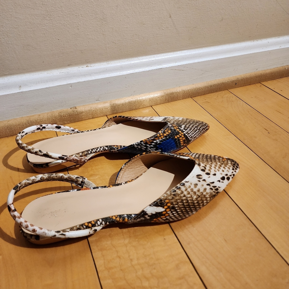 Snake-Print Slingback Flats in White and Brown